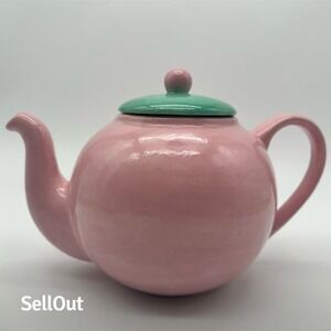 Lindt Stymeist Vintage Pink Ceramic Teapot with Green Lid Retro Decor